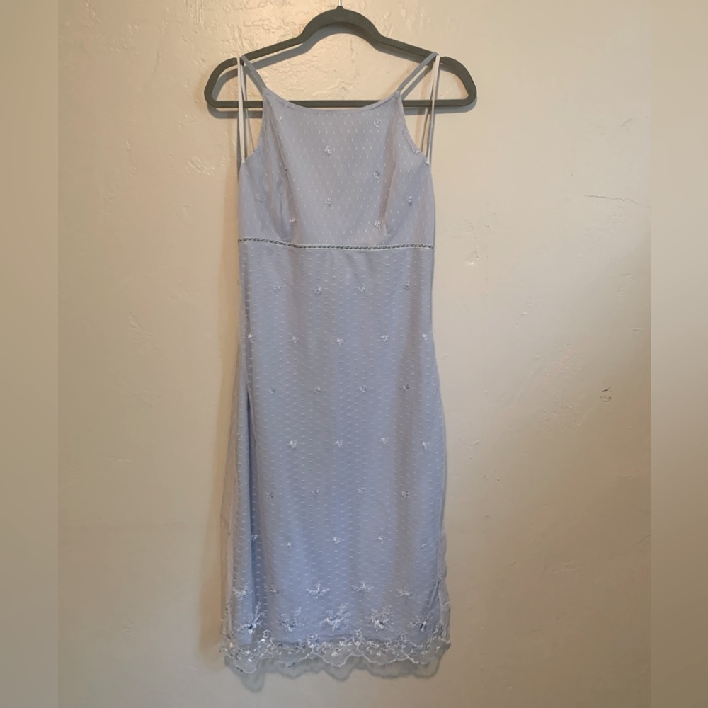 vintage Y2K coquette baby blue mesh overlay midi dress flower embroidery